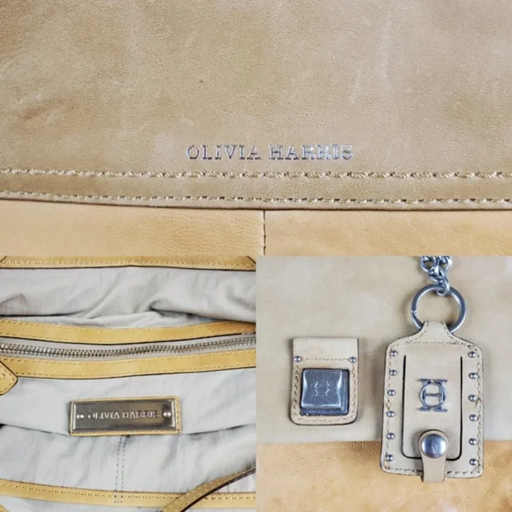 Olivia Harris Square Flap Shoulder Bag Purse Handbag Tan Leather Tote Classic